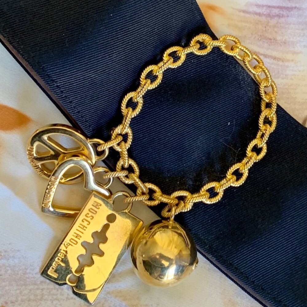 Vintage RARE Moschino Wide Belt with Gold Charms 1990s